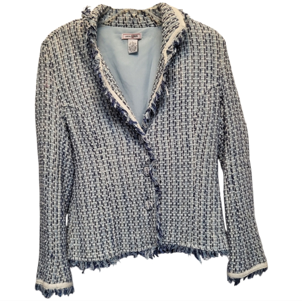 Louise Paris Blue White Tweed Blazer Frayed Hems Cropped Fit - Size L Juniors